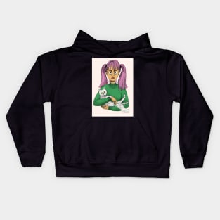 Pink Haired Girl with White Cat Kids Hoodie